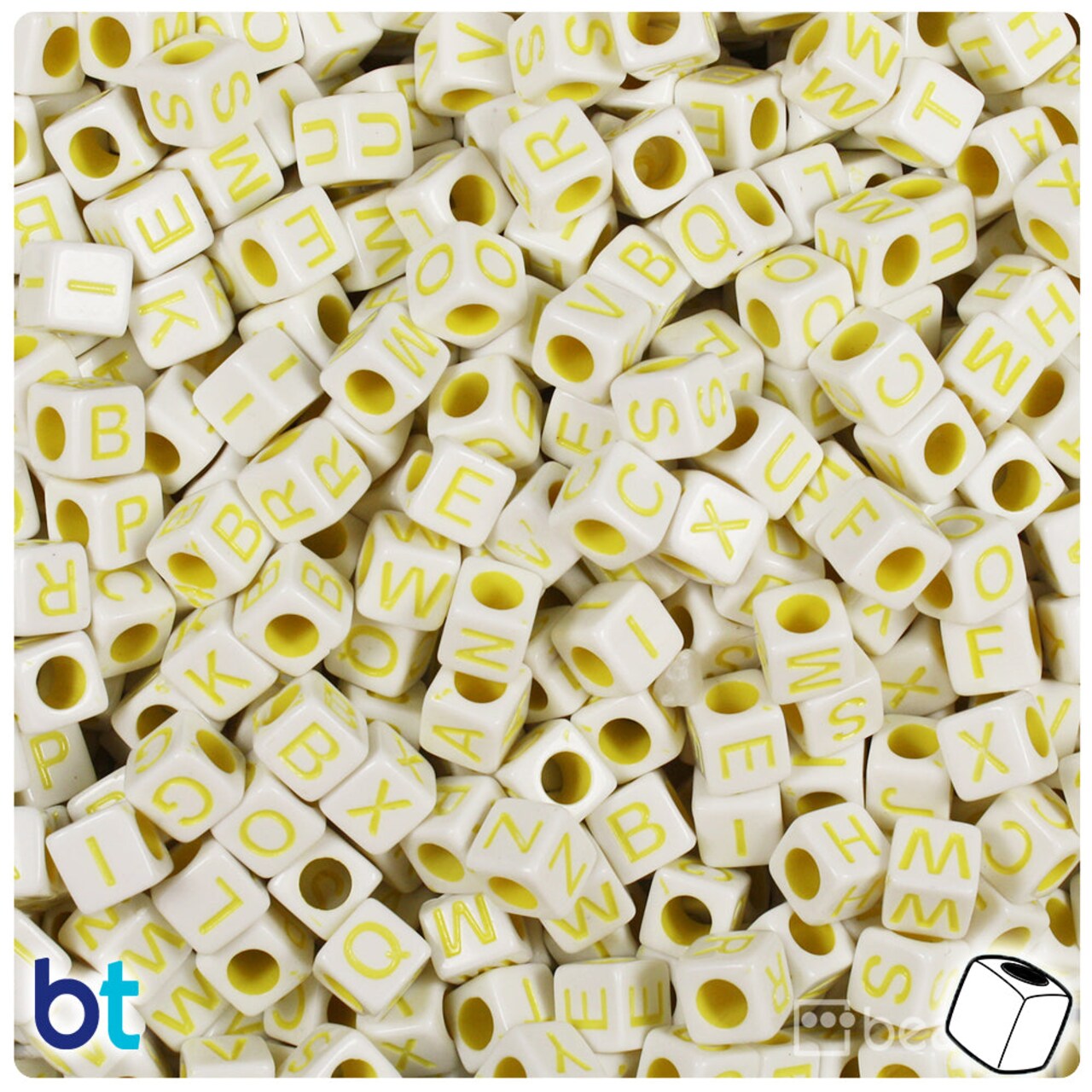 BeadTin White Opaque 6mm Cube Plastic Alpha Beads - Yellow Letter Mix (200pcs)